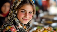 Young Middle Eastern girl wearing traditional floral headscarf smiles warmly at camera, expressing joy and cultural heritage against blurred background of family gathering.