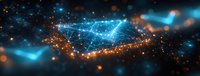Glowing blue and orange network connections with particles floating in dark space create futuristic technology visualization background for digital transformation concepts.