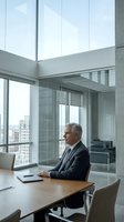 Senior businessman in dark suit sitting at wooden desk in modern high-rise office with floor-to-ceiling windows overlooking city skyline, suitable for corporate, leadership, and business concepts.