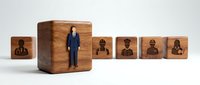 Business leadership concept with professional businessman figure standing on wooden cube among employee icons representing team management and corporate hierarchy.