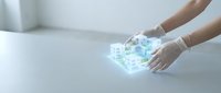 Hands presenting holographic digital icons representing modern technology, innovation and futuristic interface concepts for business presentations.