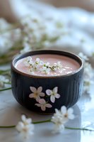 Pink smoothie or yogurt drink in black ceramic bowl decorated with cherry blossoms, garnished with fresh white spring flowers, soft mood food photography.
