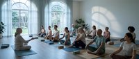 Group of diverse people practicing yoga meditation in bright modern studio with large arched windows and natural light for wellness and mindfulness training.