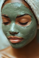 Young woman with eyes closed wearing green clay face mask and white towel for skincare beauty treatment and spa relaxation.