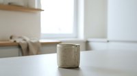 Ceramic mug with speckled glaze sitting on white table in bright, minimalist kitchen with natural light from window.