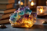Glowing fluorite crystal cluster with purple and blue-green cubic formations on illuminated base against dark background with candles and books.