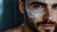 Close up portrait of bearded Caucasian man with intense blue eyes and smoke around his face in dramatic lighting, creating mysterious atmospheric mood.