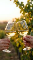 Two hands toasting with white wine glasses at golden hour in vineyard with bokeh lights creating romantic celebration atmosphere for special occasions.
