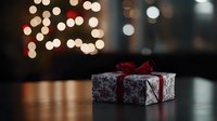 Present wrapped in silver paper with red ribbon on dark table against blurred Christmas lights background creating magical holiday atmosphere.