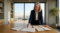 Blonde woman, Caucasian, professional businesswoman in dark blazer reviewing architectural blueprints and documents at wooden desk in modern high-rise office with city skyline view through floor-to-ceiling windows, suitable for corporate, real estate, and business concepts.