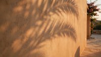 Palm leaf shadows cast on warm beige wall creating natural tropical patterns in golden sunlight for relaxation and vacation concepts.