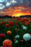 Vibrant ranunculus and peony flowers blooming in field at dramatic sunset with fiery orange clouds and forest silhouette, nature landscape photography.