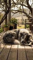Peaceful dog sleeping on rustic wooden deck surrounded by potted plants and countryside landscape in warm golden sunlight for relaxation concepts.