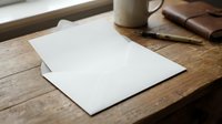 Blank white papers on rustic wooden desk with vintage stamp and leather notebook for business correspondence and office documentation.