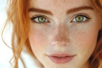 Close up portrait of young woman with natural freckles, red hair and striking green eyes looking directly at camera with gentle smile and soft natural makeup.