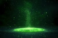 Glowing green particles form magical circular portal on dark background with floating sparkles and light beams, creating mystical atmosphere.