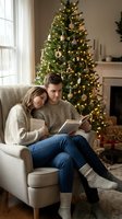 Young couple reading book together on cozy armchair by illuminated Christmas tree in warm living room with fireplace and holiday decorations.