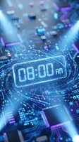 Futuristic digital clock display showing 09:00 AM surrounded by glowing blue circuit patterns and holographic data streams in cyberpunk style technology concept.