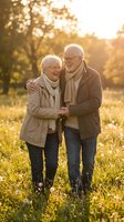 Happy senior Caucasian couple embracing and laughing together in autumn park during golden hour sunset for lifestyle and relationship content.