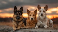Three dogs of different breeds lying together at sunset, showcasing companionship and loyalty against a dramatic orange sky background.