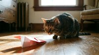Tabby cat playing with red paper bag on wooden floor in sunlit room, suitable for pet, lifestyle, and home decor content.