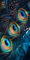 Vibrant peacock feathers in deep turquoise and gold tones with mesmerizing eye patterns, captured in macro detail against dark background, creating dramatic natural art.