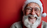 Cheerful senior Caucasian man with natural white beard and glasses wearing Santa hat and sweater laughing against red background. Genuine holiday joy.