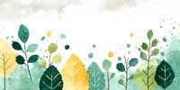 Watercolor botanical illustration with green and yellow leaves creating a fresh forest border against textured white background.