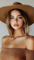 Young blonde woman wearing brown straw hat and off-shoulder top with natural makeup and soft lighting for fashion and lifestyle content.