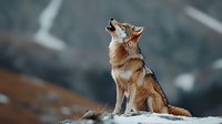 Majestic coyote howling while sitting on snowy ground against blurred mountain landscape background, dramatic wildlife scene in winter nature setting.