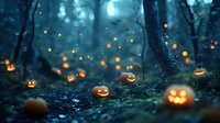 Glowing jack-o-lanterns scattered through misty forest at dusk, creating magical Halloween atmosphere with warm orange lights against cool blue shadows.