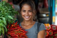 Young Latin American woman with bright smile holding fresh red chili peppers at local farmers market, wearing casual gray t-shirt, natural makeup and messy bun hairstyle.