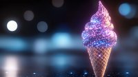 Cosmic galaxy ice cream cone with swirling purple and blue nebula-like texture against blurred bokeh background, perfect for dessert advertising.