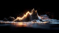 Glowing mountain range visualization with luminous peaks and reflective water surface creates dramatic data landscape effect against dark background.