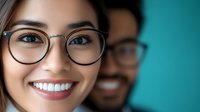 Young Asian woman with glasses and bright smile in professional office setting with male coworker in background against turquoise wall, showing workplace diversity.