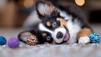 Playful tricolor Corgi puppy lying on carpet with colorful toy balls, showing bright blue eyes and pink tongue in close-up portrait with bokeh background.