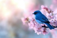 Vibrant blue mountain bluebird perched on delicate pink cherry blossom branch against soft bokeh background, creating serene spring nature scene.