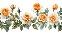 Seamless border pattern with delicate peach and cream roses, rosebuds, and sage green foliage on white background, watercolor style floral arrangement.