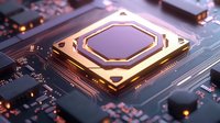 Golden processor chip with purple core mounted on circuit board with glowing electronic components, representing advanced computing technology and microprocessor innovation.