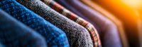 Colorful row of hanging clothes on rack with selective focus on textured fabric details, showing variety of casual wear garments in blue, brown and orange tones.
