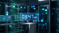 Digital clock display showing 03:47 AM in futuristic server room with glowing code streams and bokeh lights for technology and data center concepts.