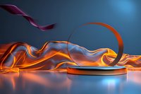 Elegant product display podium with flowing orange silk ribbons and dramatic lighting for luxury brand presentations and marketing campaigns.