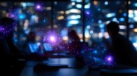 Silhouette of person working late at computer with magical glowing particles and bokeh lights creating dreamy atmosphere in dark office space.
