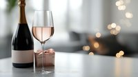 Glass of rose wine and bottle on table with soft bokeh lights in background, elegant minimalist composition for luxury dining and celebration.