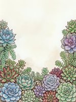 Colorful succulent plants frame border with empty center space for text on light background, botanical garden design element for greeting cards.
