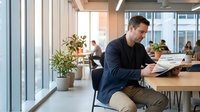 Professional Caucasian businessman in dark blazer reading documents at modern office workspace with natural lighting and plants for corporate presentations.