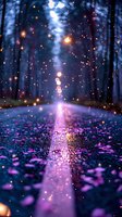 Magical forest path at night with glowing bokeh lights and purple petals scattered on wet ground creating ethereal reflections in moonlit atmosphere.