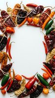 Assorted dried and fresh chili peppers arranged in circular frame on white background creating spicy cooking ingredient border with copy space center.