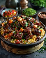 Aromatic braised meat with vegetables served on saffron rice, garnished with fresh herbs. Traditional Middle Eastern dish with caramelized onions and dried fruits.