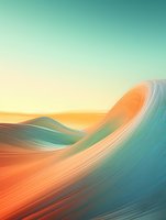 Abstract fluid waves in orange, turquoise and mint green colors creating smooth flowing curves against gradient sky background, modern minimalist art style.